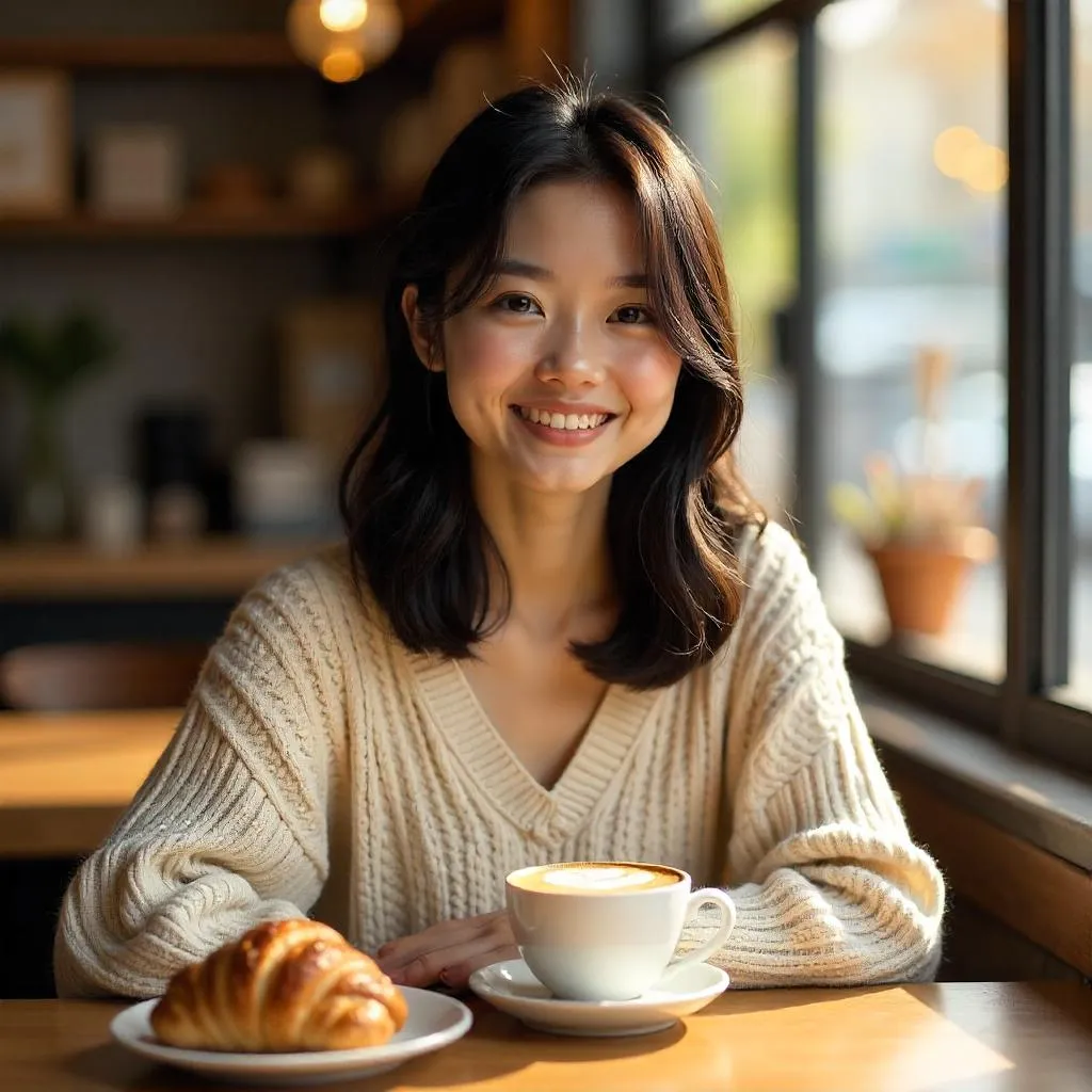 Cheerful Asian Girl in a Cozy Coffee Shop