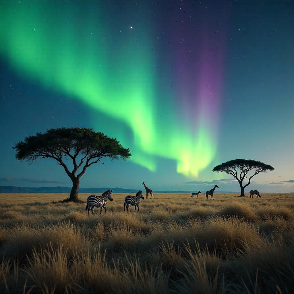 Aurora-Lit Savanna at Night