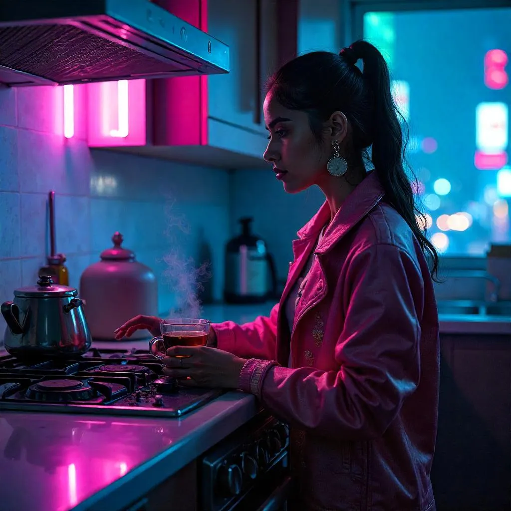 Neon Cyberpunk Kitchen Portrait of Indian Woman