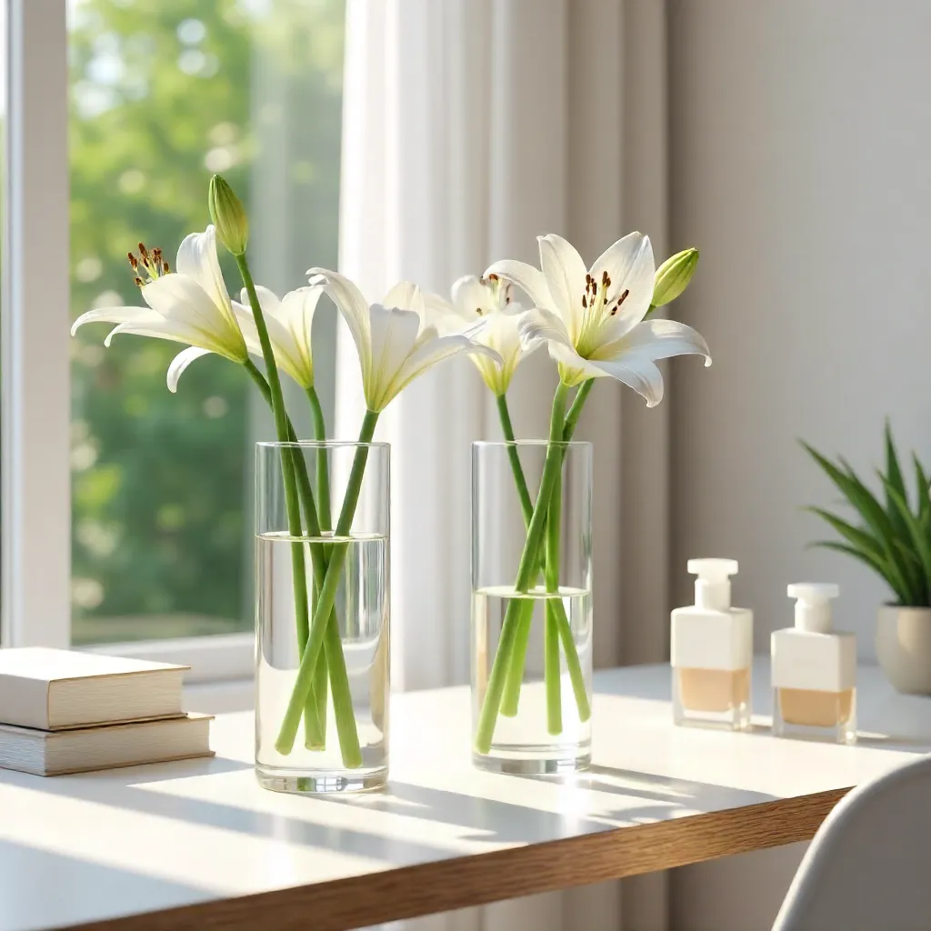 Minimalist Desk with White Lilies, Books, and Perfume