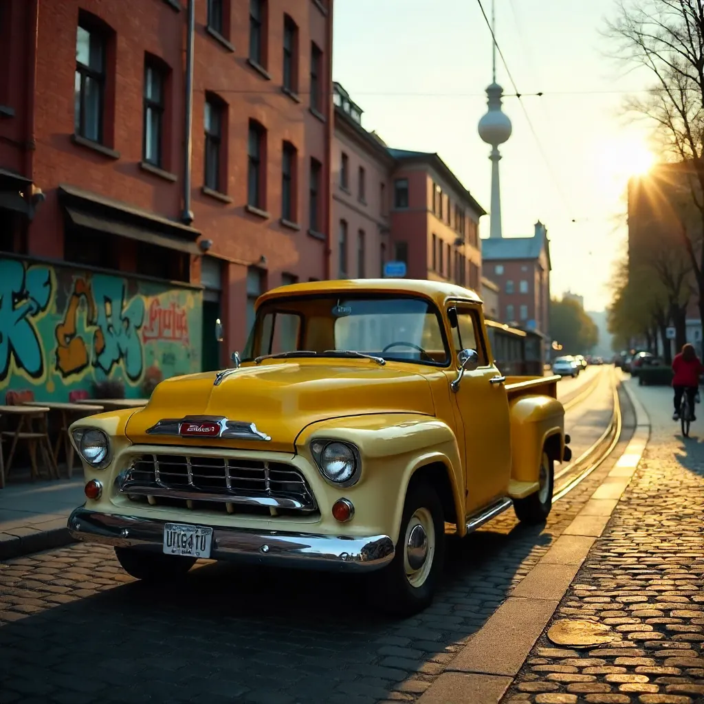 Vintage Yellow Pickup in Berlin: Brick, Trams, and Light