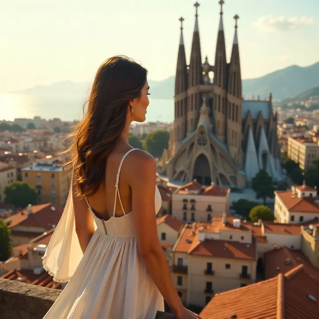 Woman gazes over Barcelona toward Sagrada Familia