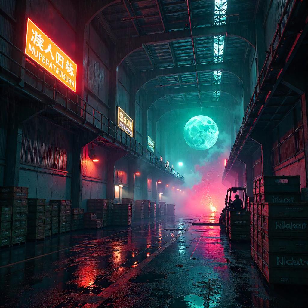 Neon Meteor Crash in a Cyberpunk Warehouse