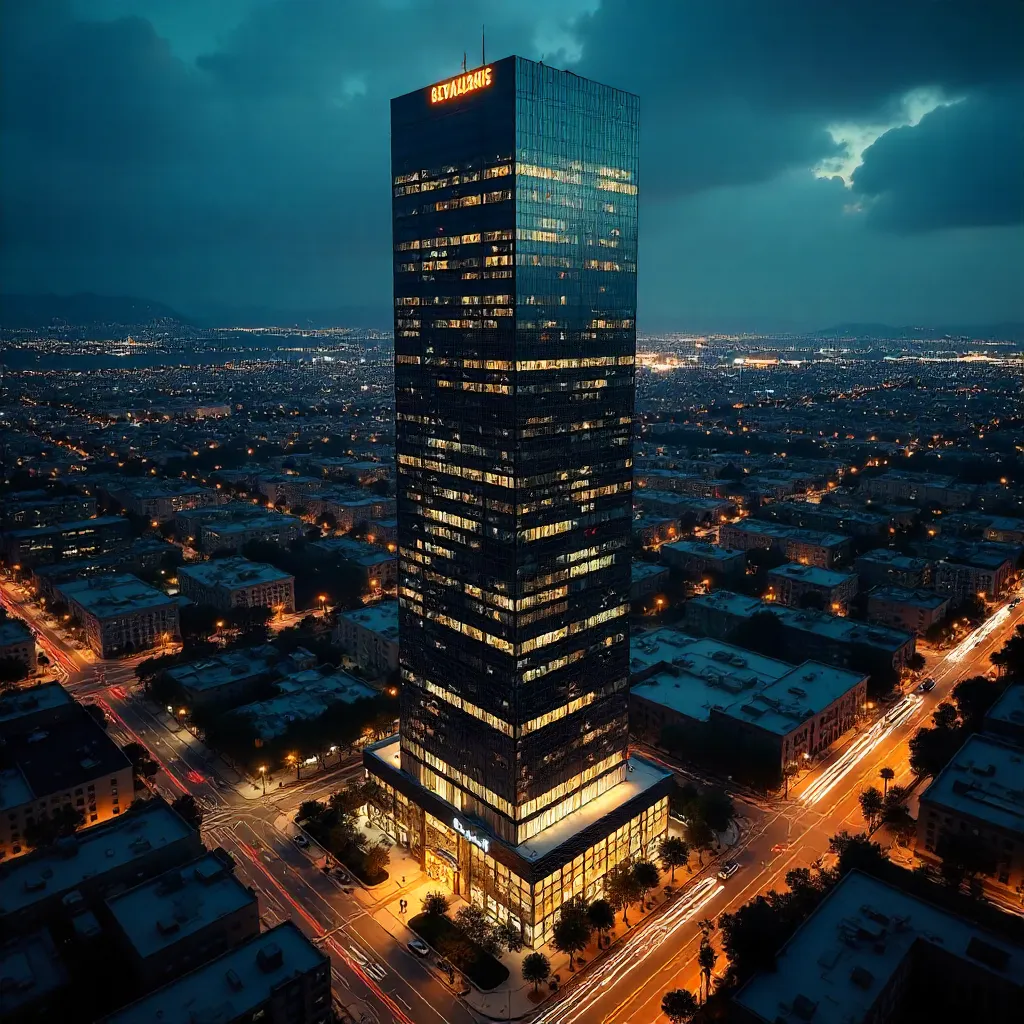 Dramatic Aerial Night: Glowing Downtown LA Skyscraper