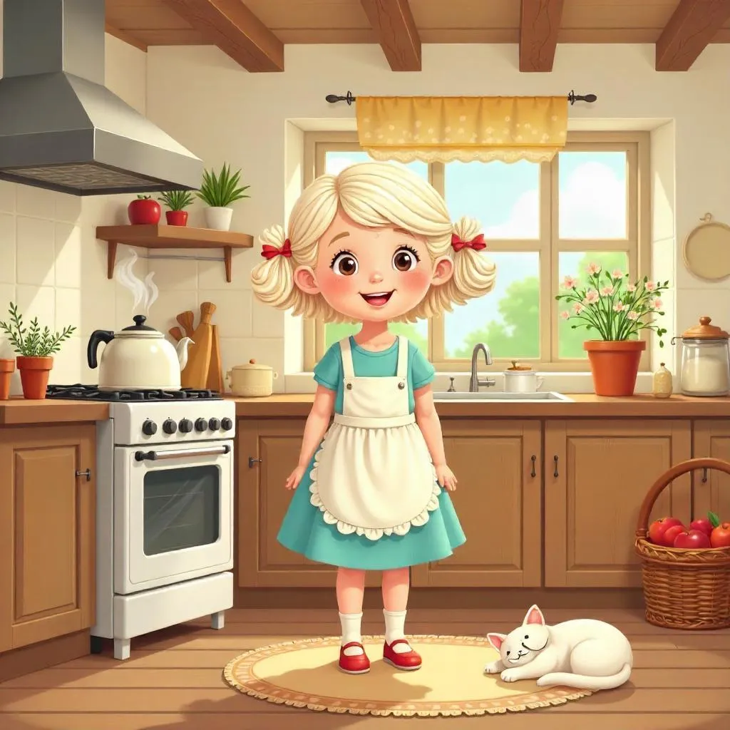 Cheerful White Girl in a Cozy Cottage