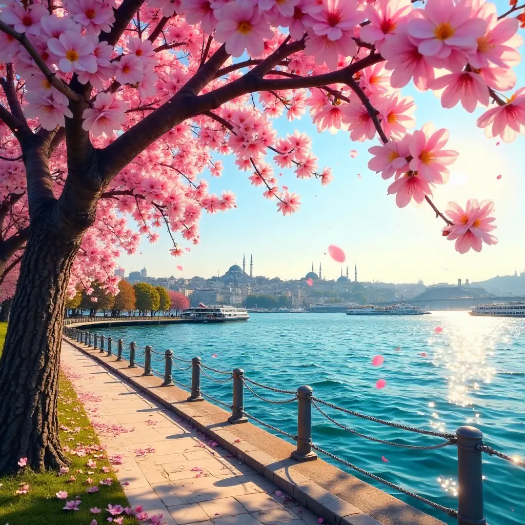 Cherry Blossoms in Full Bloom Over Istanbul Sky