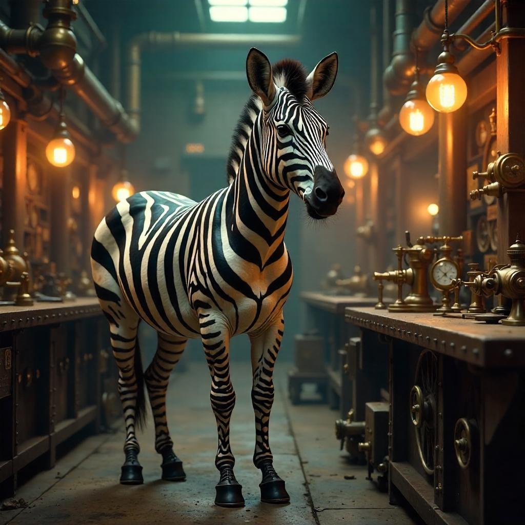 Zebra 3D Render in a Brass Steampunk Workshop