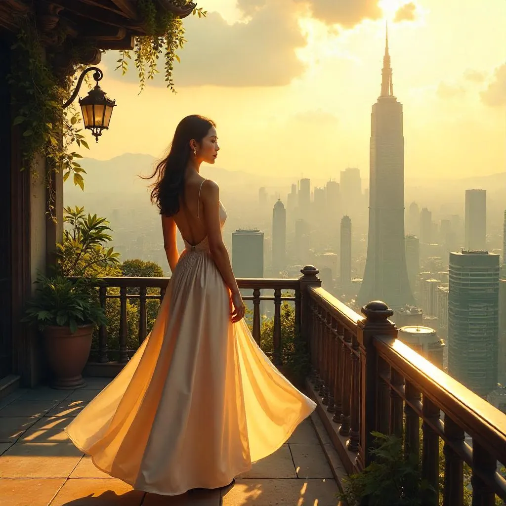 Golden Hour Terrace: Asian Woman Concept Art