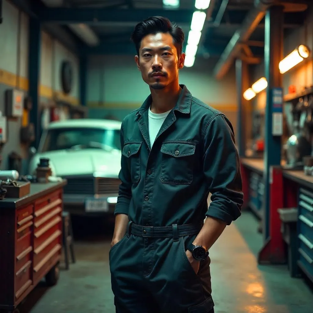 Stylish Asian Man in a Neon-Drenched Mechanic Shop
