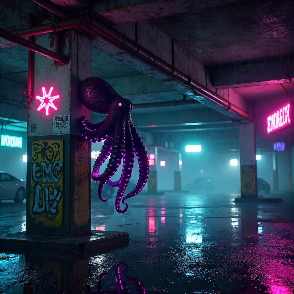 Neon Octopus in a Cyberpunk Parking Garage