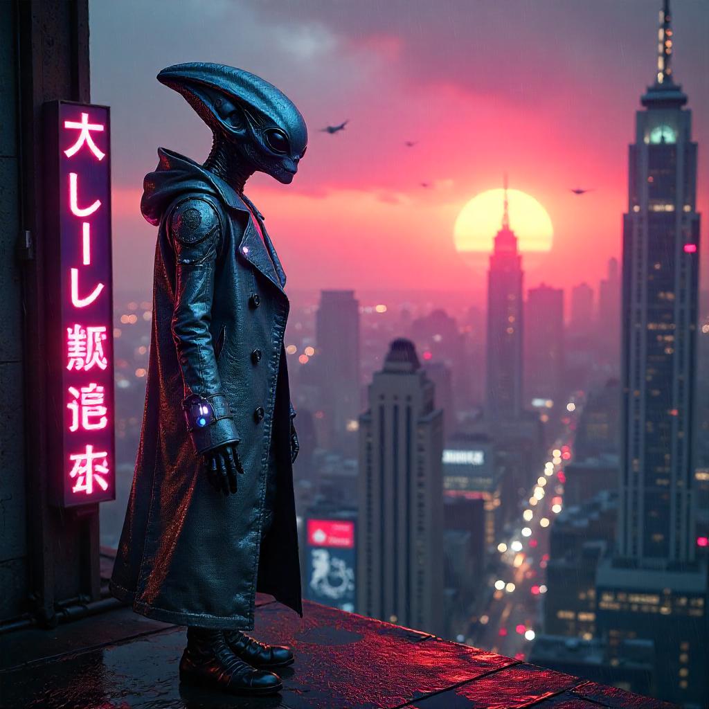 Dawn of Neon Alien in a Cyberpunk City