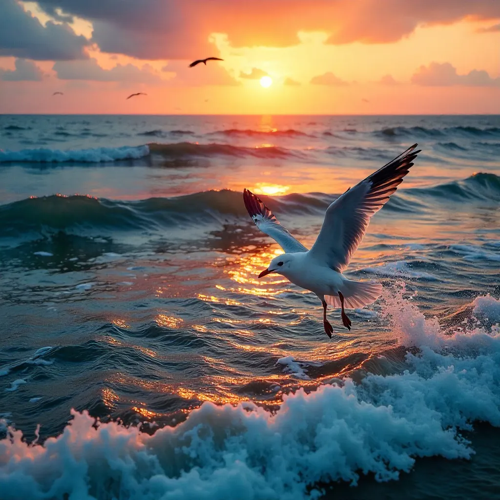 Aerial Seagulls Over Sunset Ocean Waves
