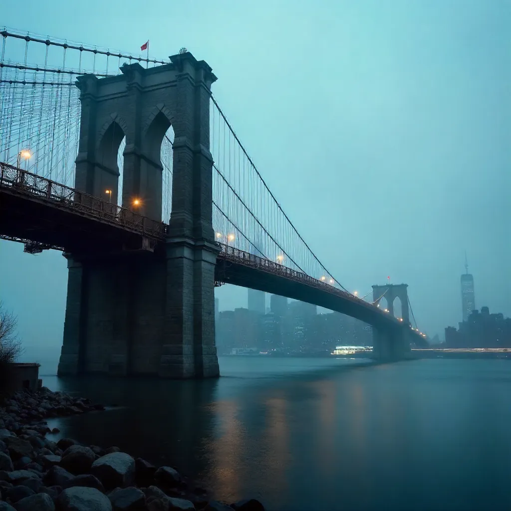 Moody Brooklyn Bridge Fog Over NYC Skyline