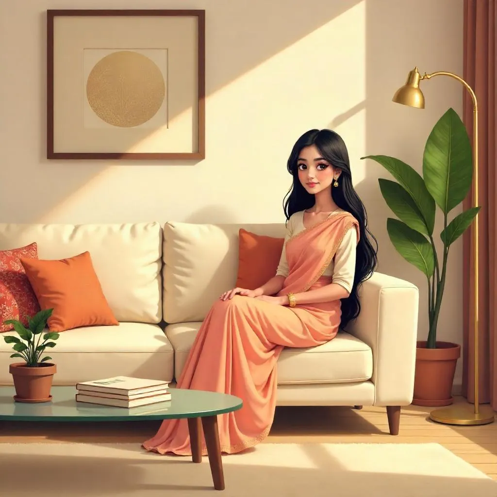 Anime Indian Beauty in a Cozy Living Room