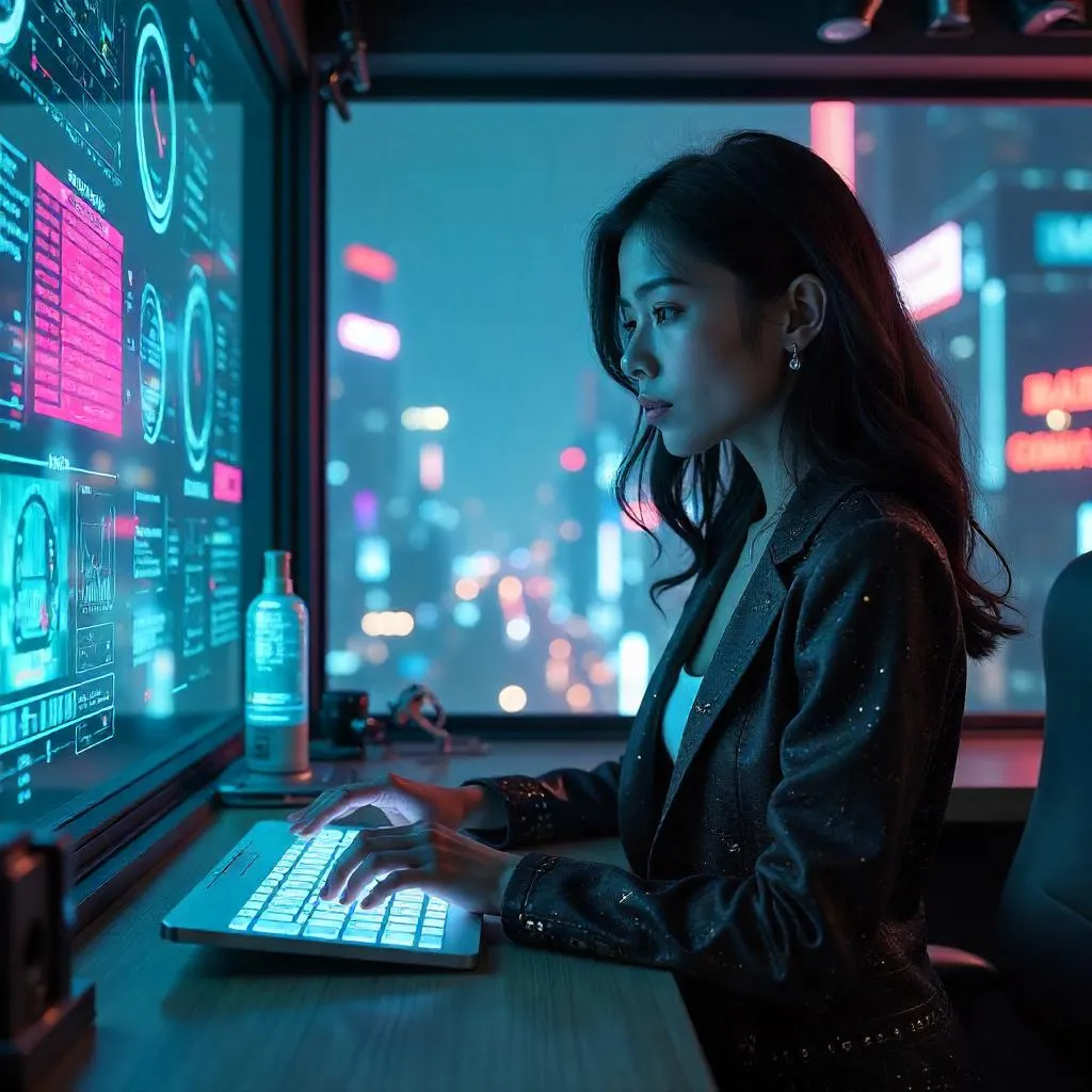 Neon Office: Cyberpunk Middle Eastern Woman at Work