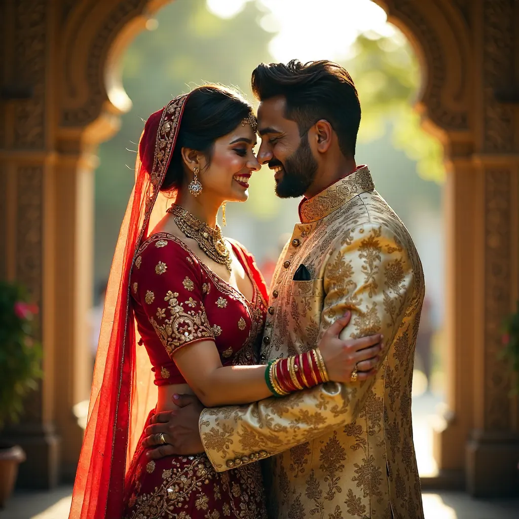 Sunlit Joy: Ornate Traditional Wedding Embrace