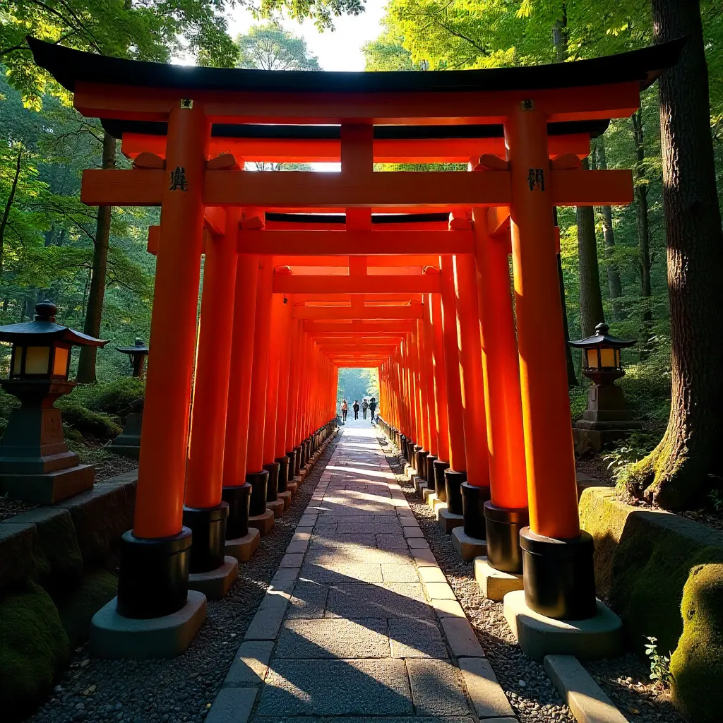 Serene Corridor of Vermilion Torii at Fushimi Inari Shrine