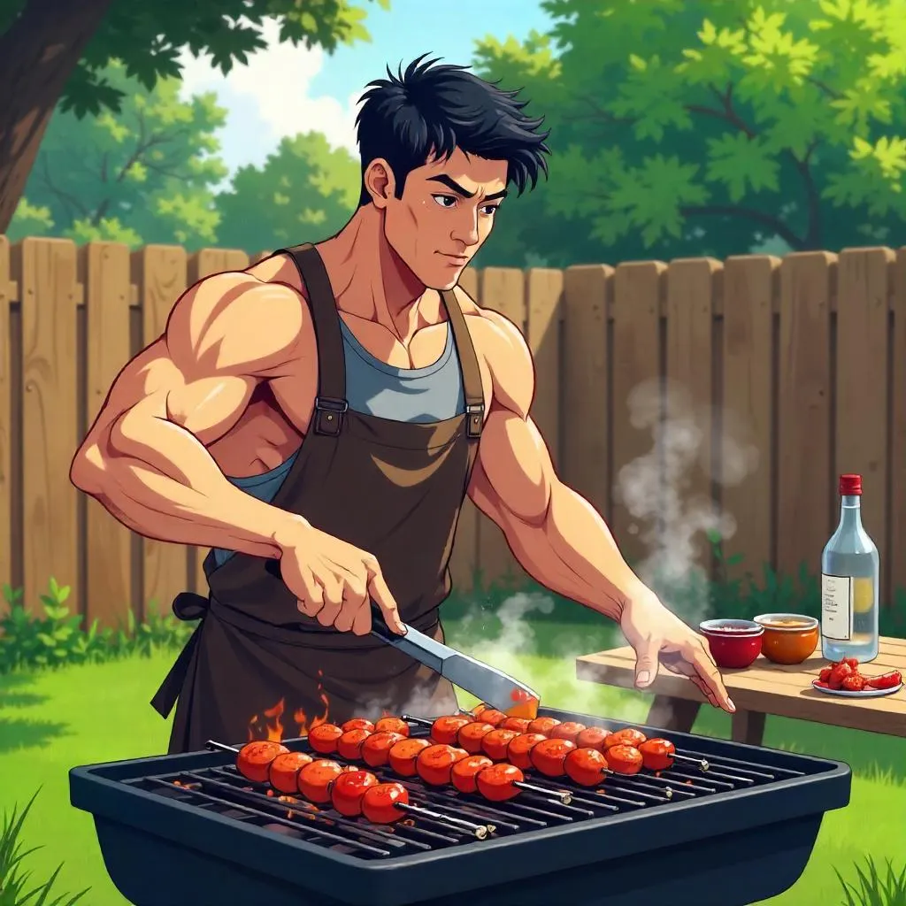 Athletic Asian Man Grilling in Anime Style
