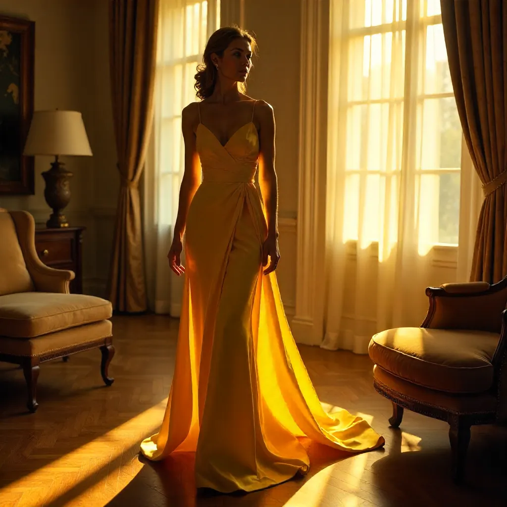 Graceful Golden Hour in a Yellow Dress Indoors