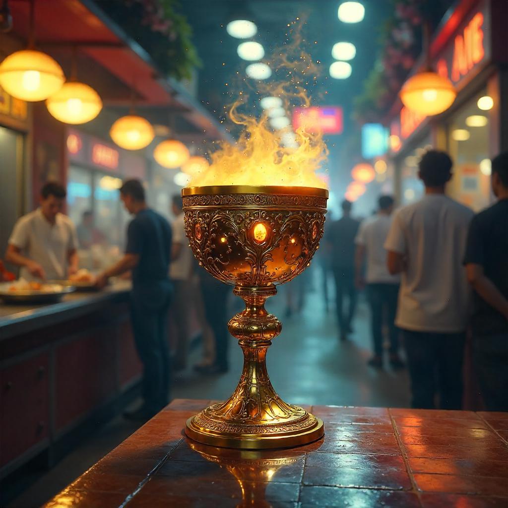 Golden Chalice in a Neon Food Court – Concept Art