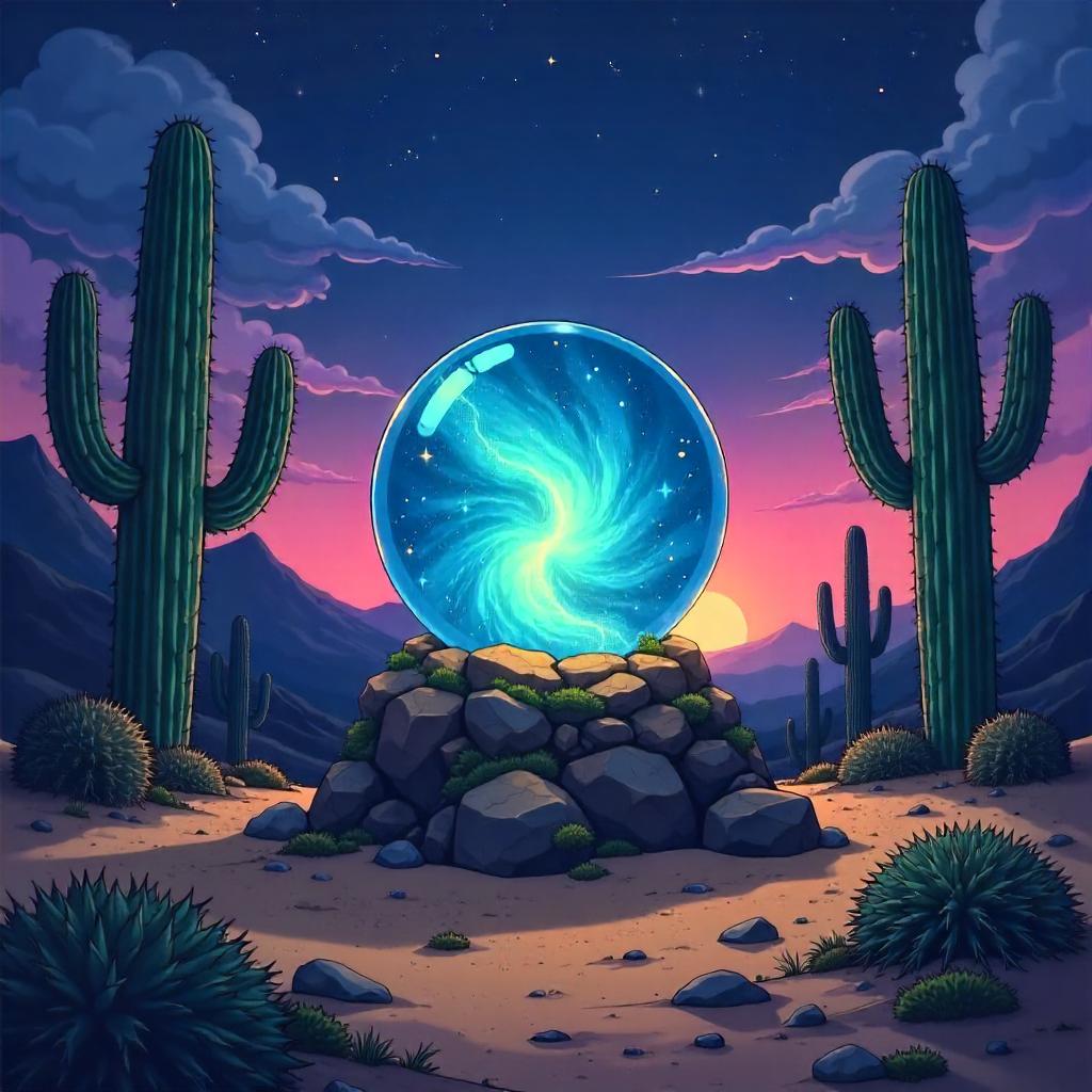 Crystal Ball Among Desert Cacti (Anime Style)
