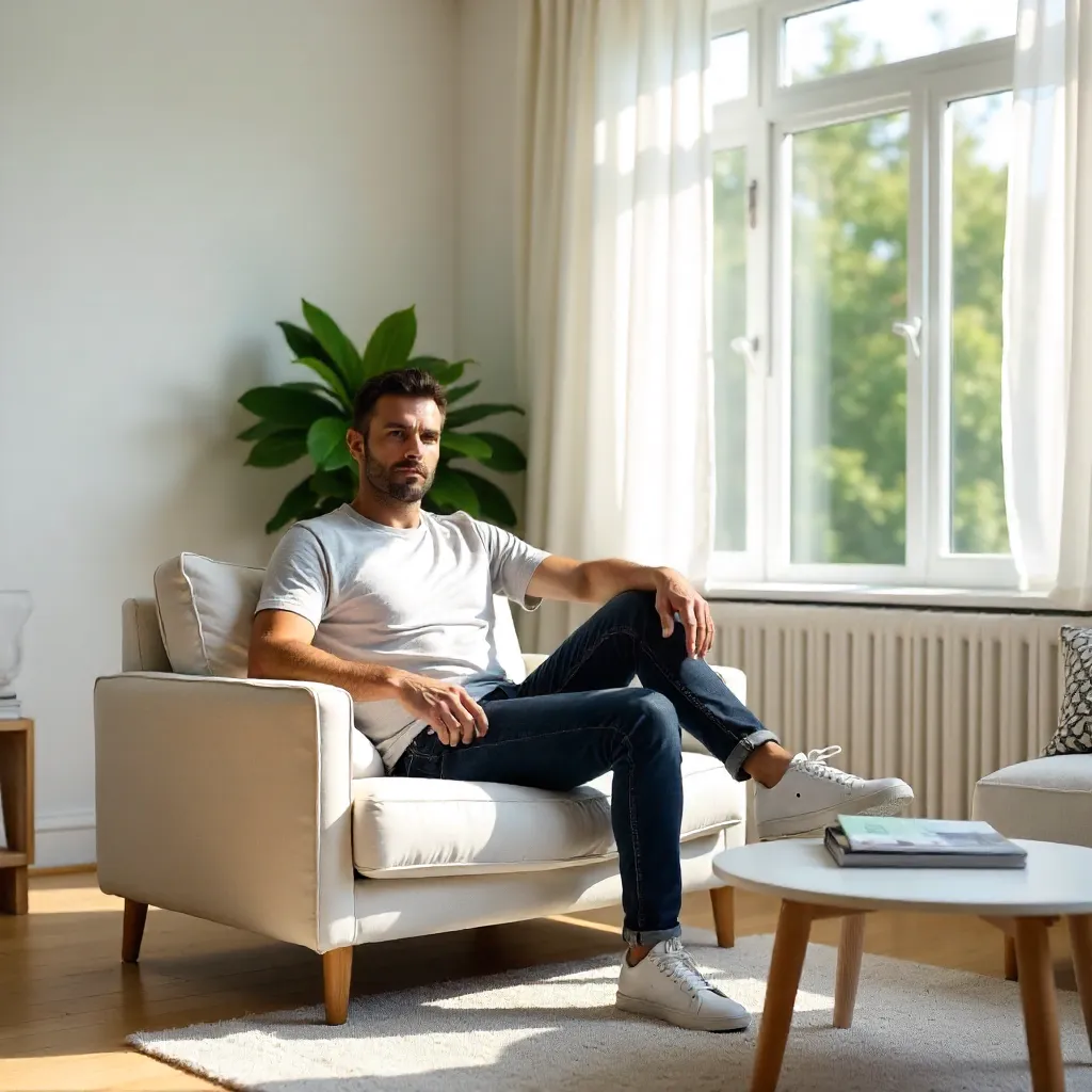 Bright Room, Relaxed Man in Casual Attire