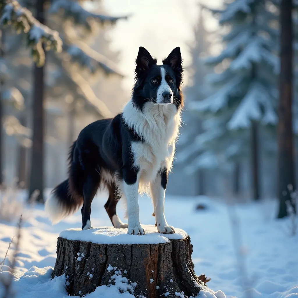 Border Collie on Snowy Stump in Winter Forest