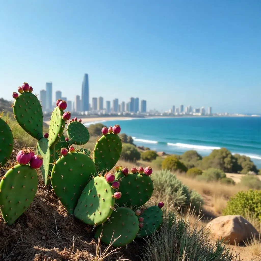 Prickly Pear in Foreground, Tel Aviv Skyline Backdrop