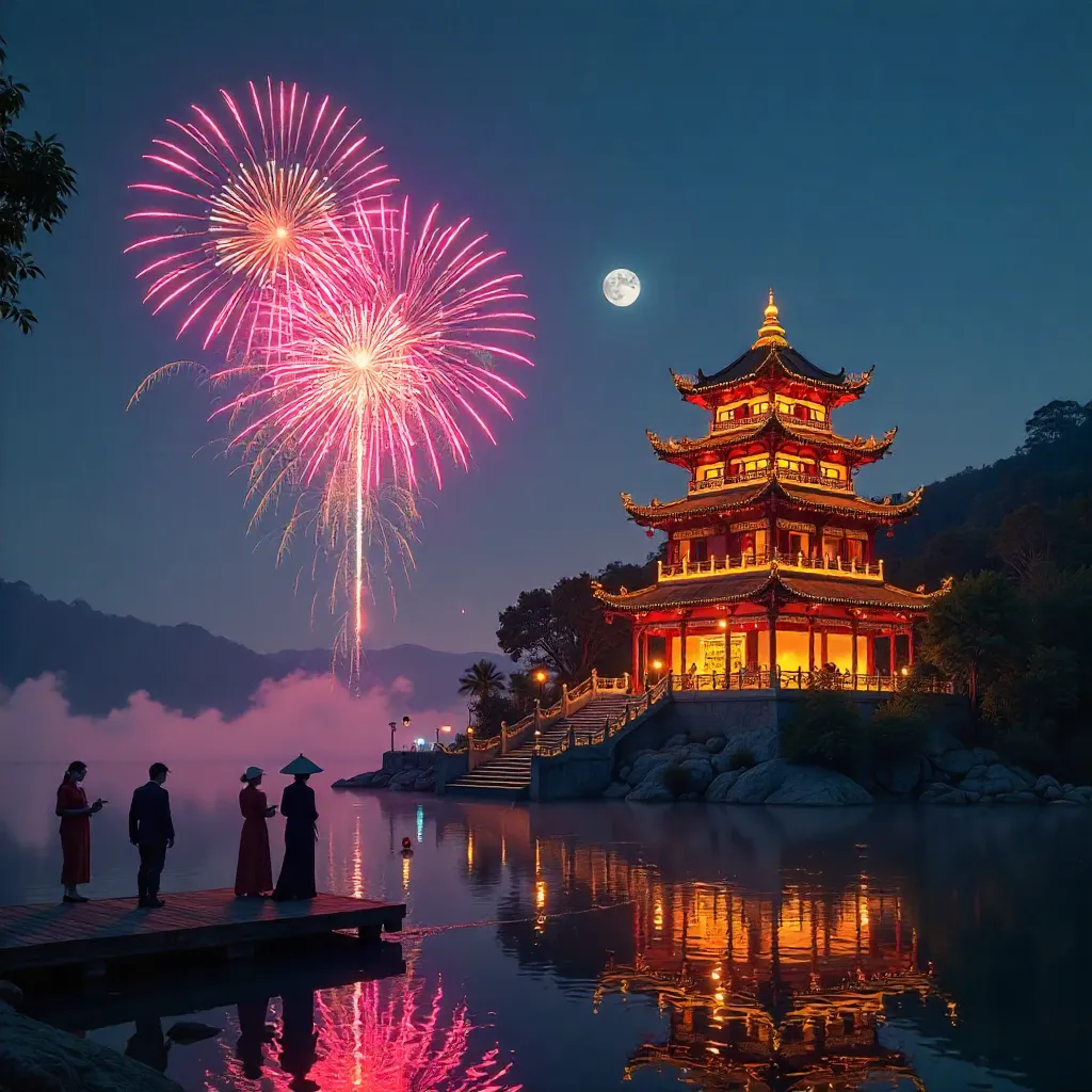 Vibrant Fireworks Over Tam Chúc Pagoda, Vietnam