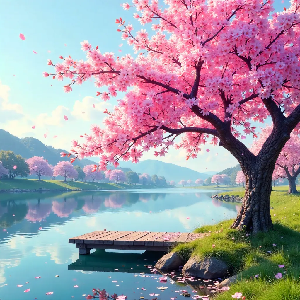 Cherry Blossom by a Tranquil Spring Lakeside