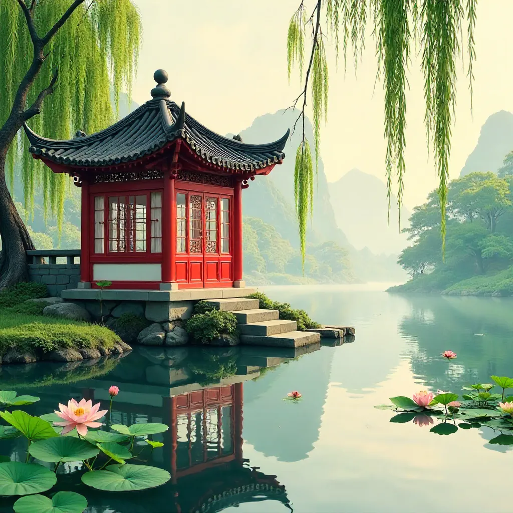 Serene Chinese Garden Pavilion by Water with Lotus and Willows