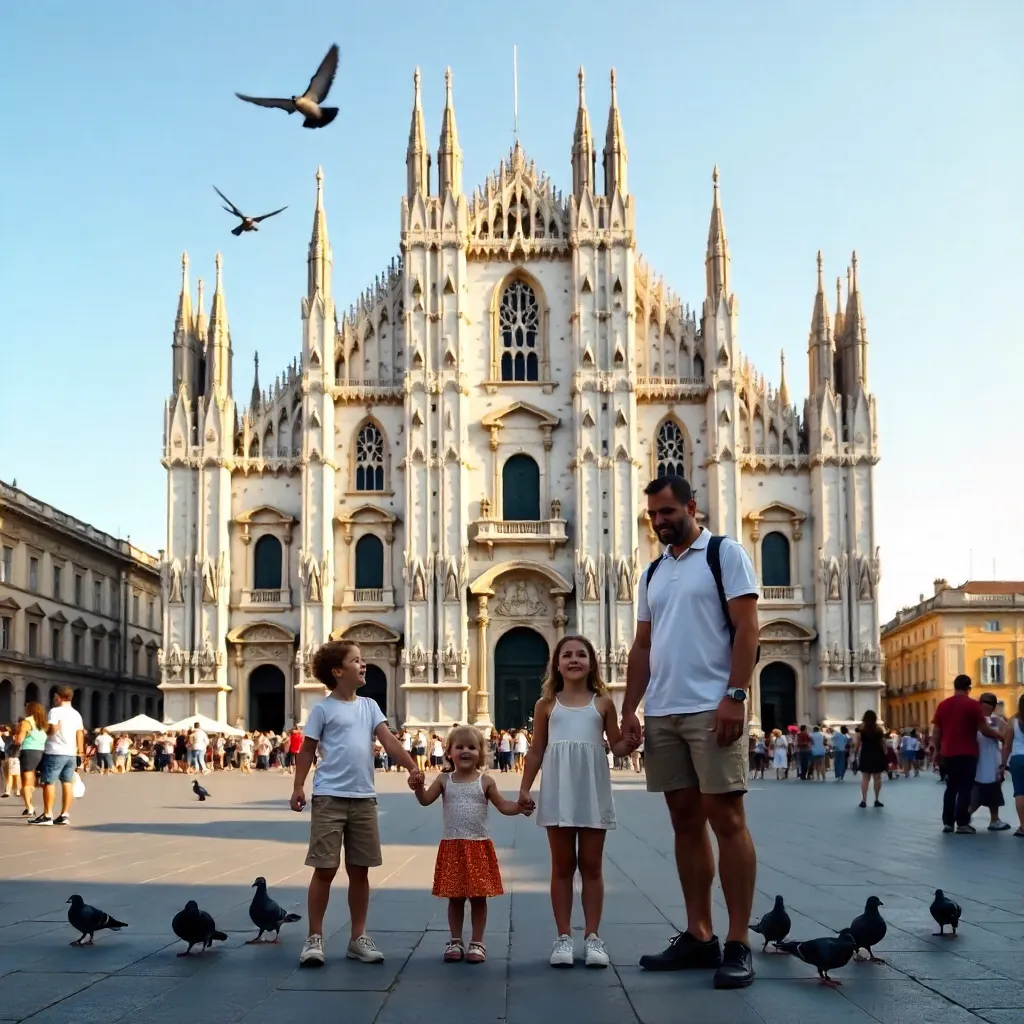 Family Feeding Pigeons at Milan's Duomo Square