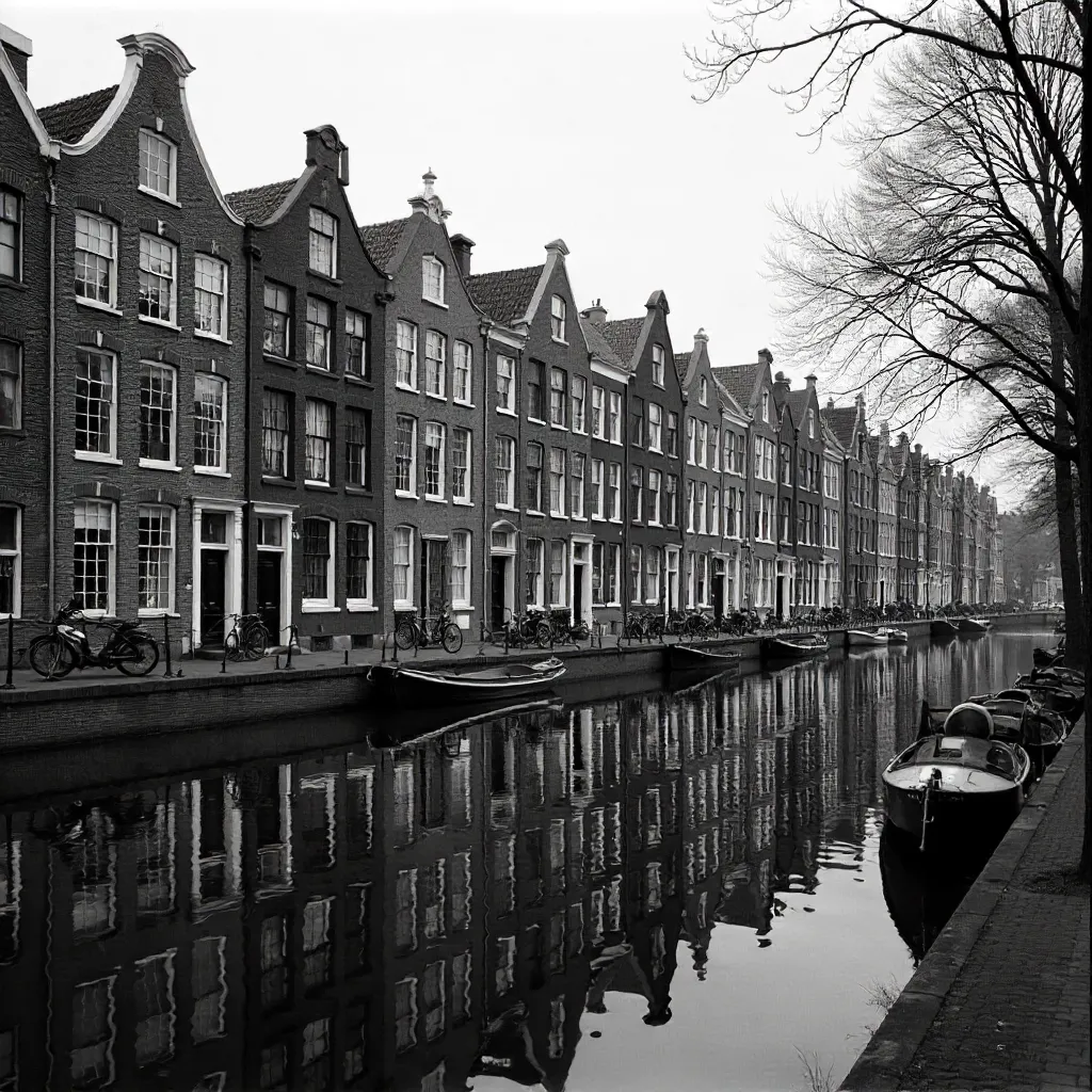 Reflections of Amsterdam Canal Houses in Black and White