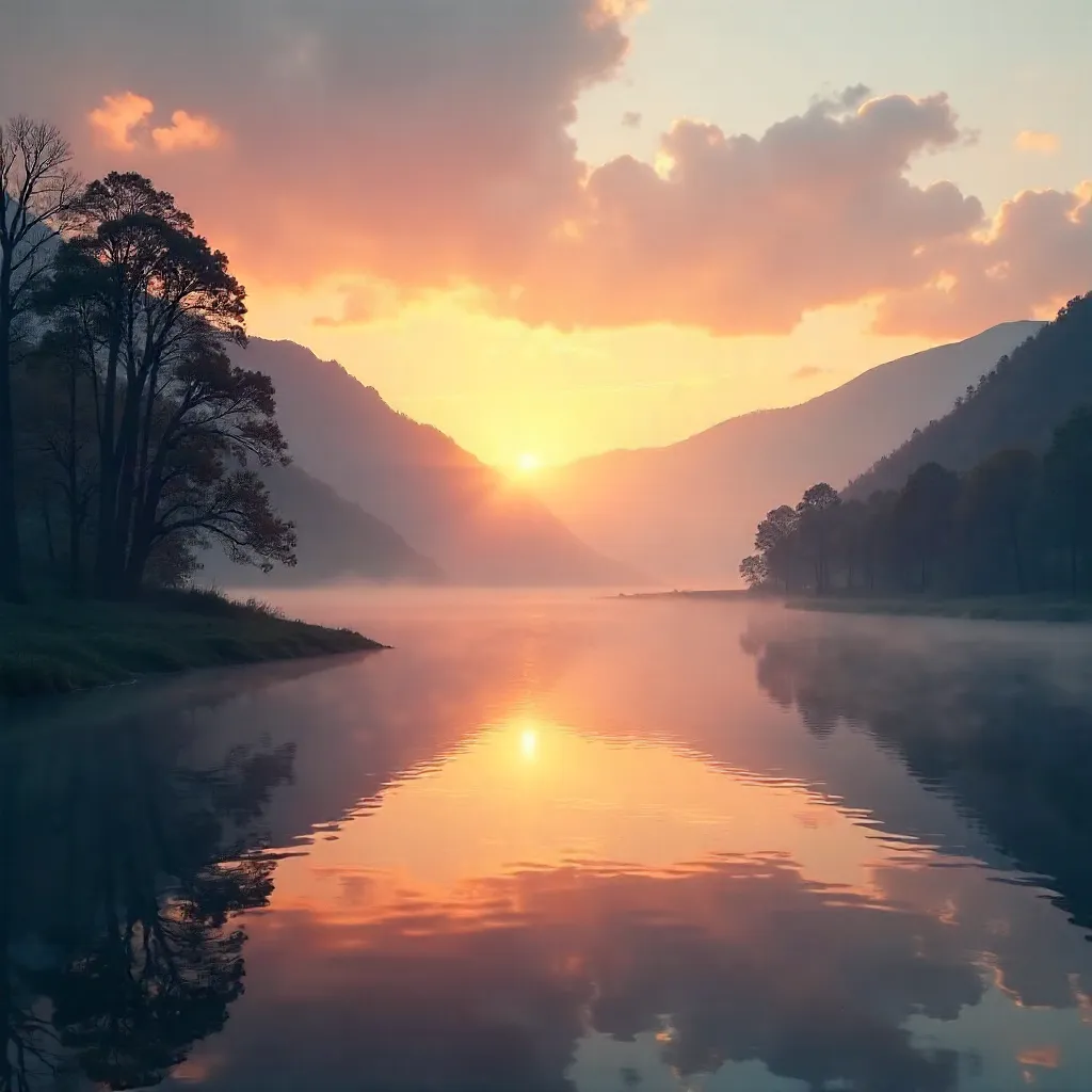Silhouetted Sunrise Over a Misty River