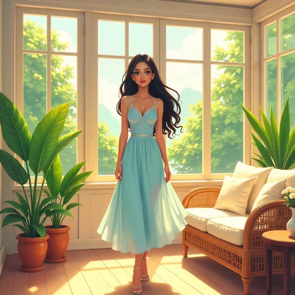 Latina Woman in a Sunlit Anime Sunroom
