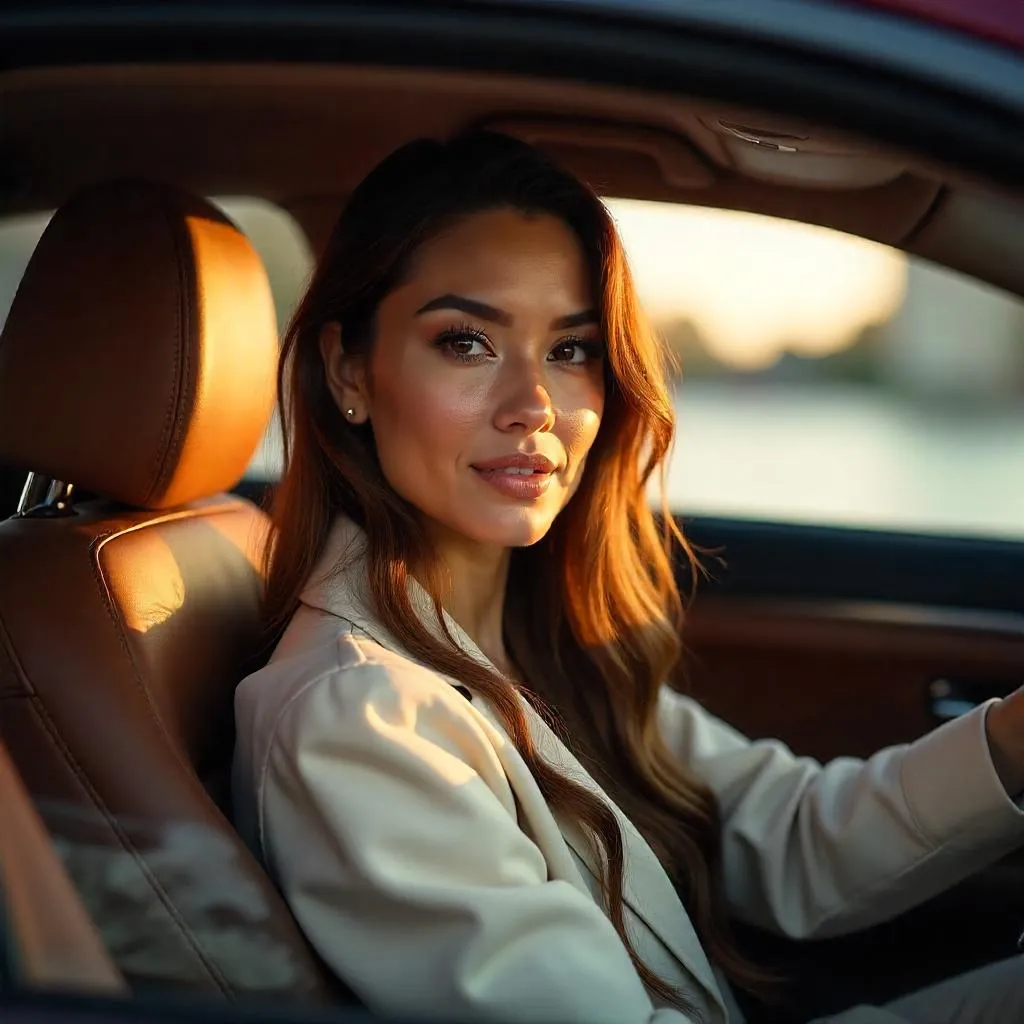 Photorealistic Middle Eastern Woman in a Car at Golden Hour