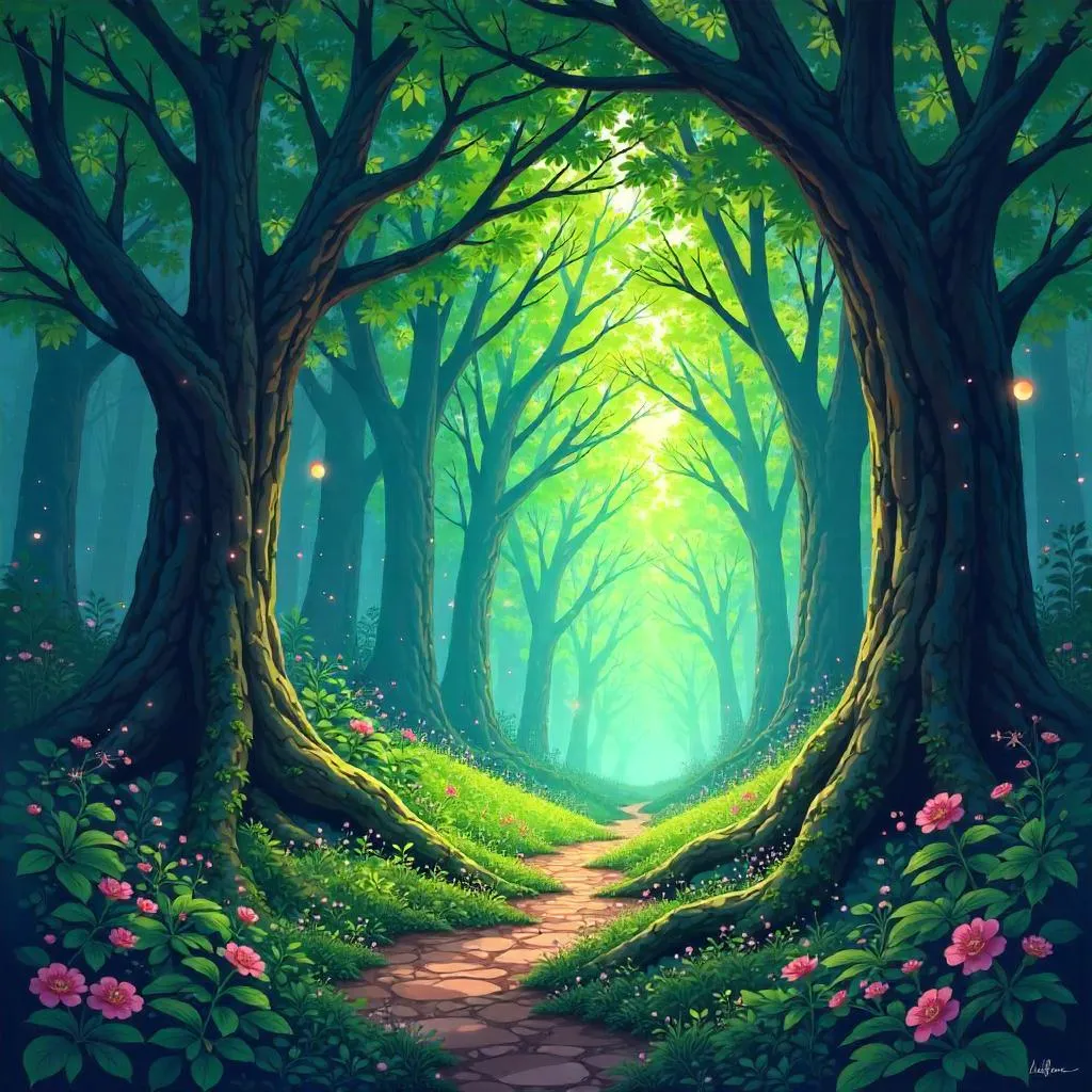 Kaleidoscopic Anime Forest in Symmetric Illumination