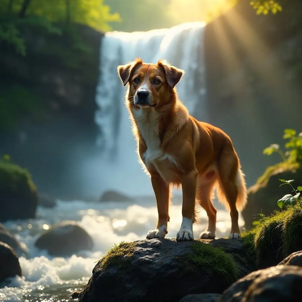 Photorealistic Dog by a Misty Waterfall