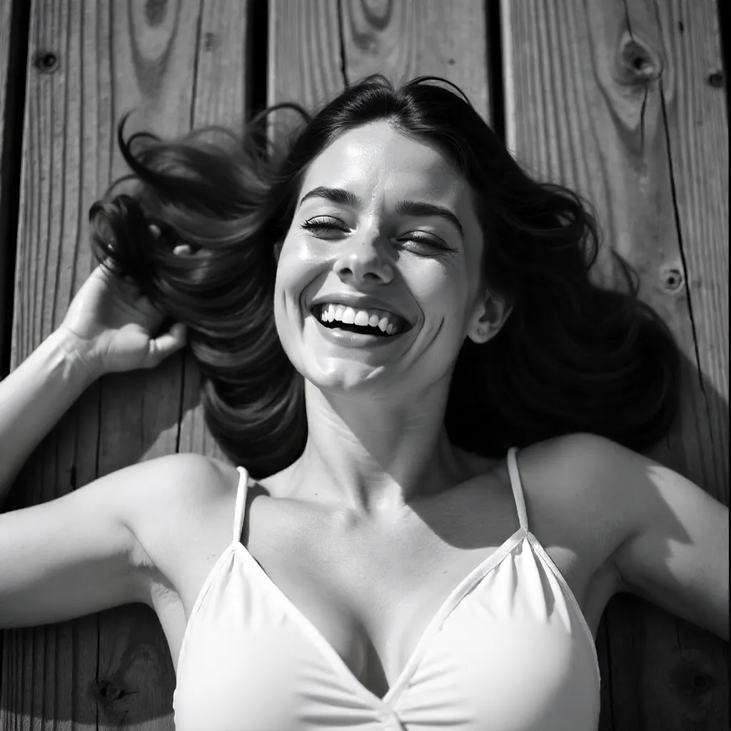 Laughing on the Wooden Deck - Black & White Portrait