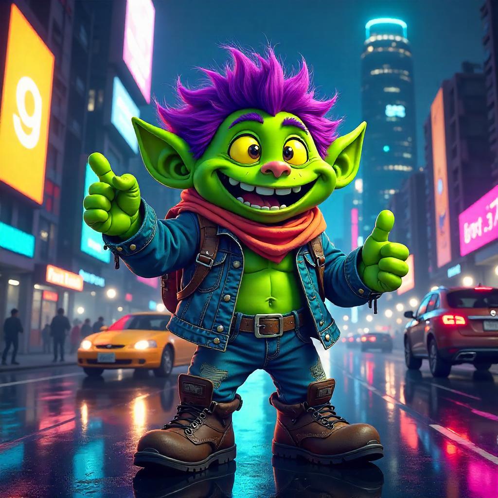 Cartoon Troll in a Neon Futuristic City