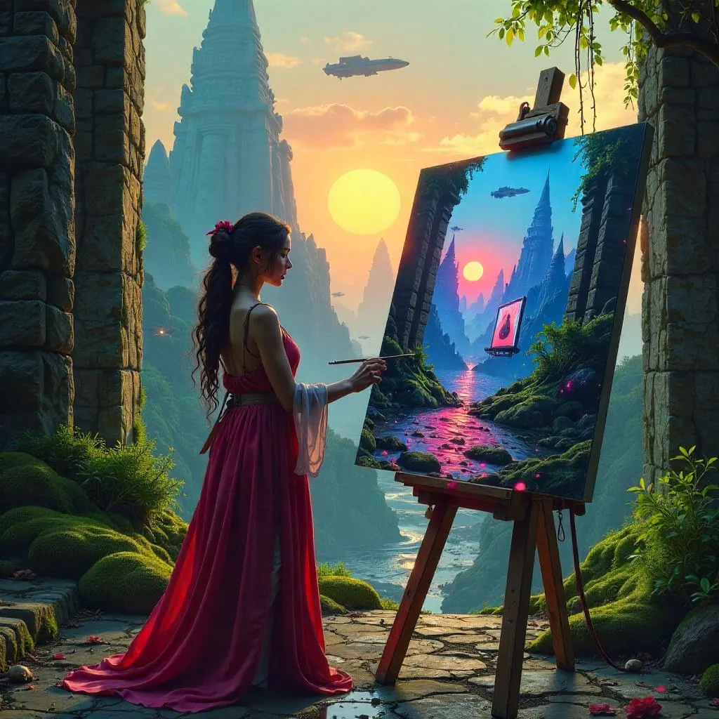 Brushes Across Time: Temple and Neon Skyline