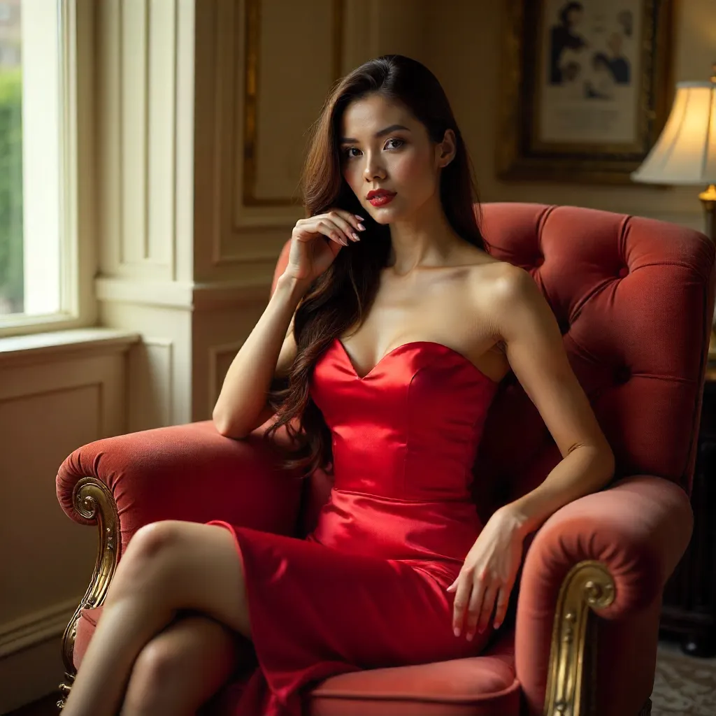 Elegant Red-Dress Portrait on Velvet Chair