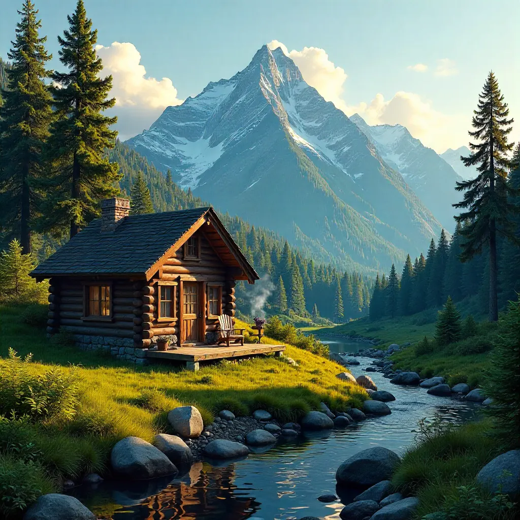 Tranquil Alpine Cabin Amid Lush Forest and Mountain Vista