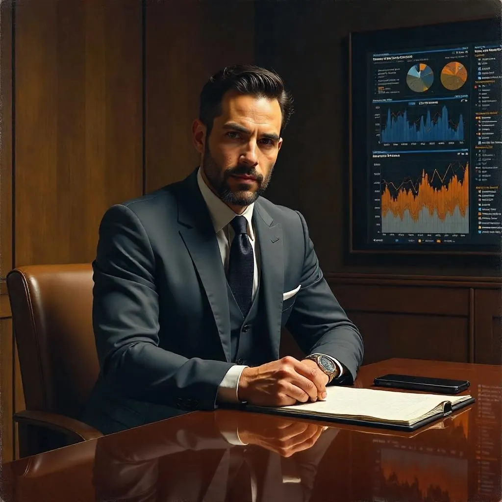 Elegant Latino Man in an Oil Painting Boardroom