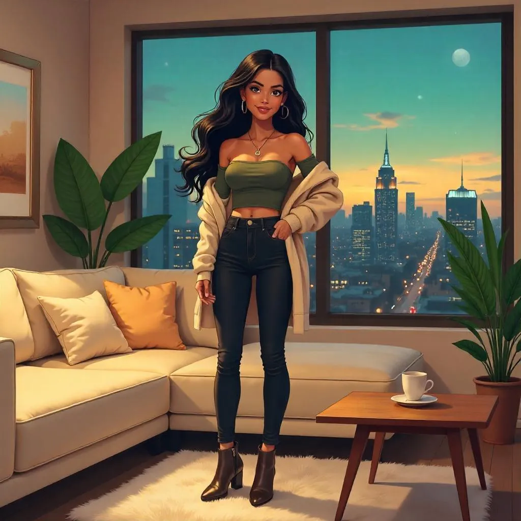 Stylish Latina Anime Girl in a Cozy Living Room