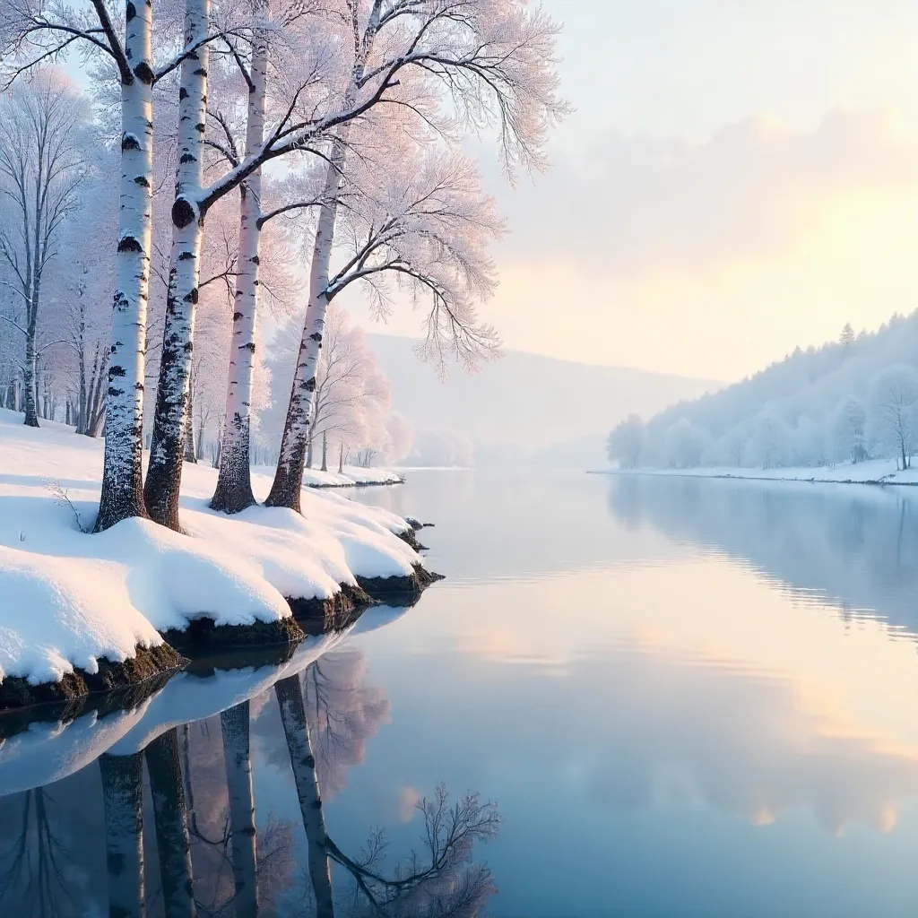 Snowy Riverbank Reflections of White Birch