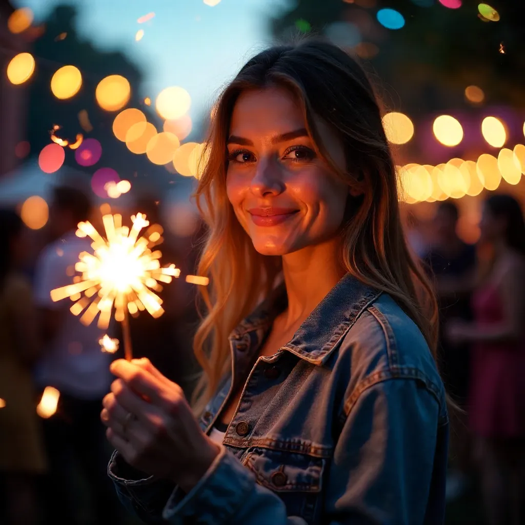 Denim Jacket Sparkler: Lively Celebration Portrait