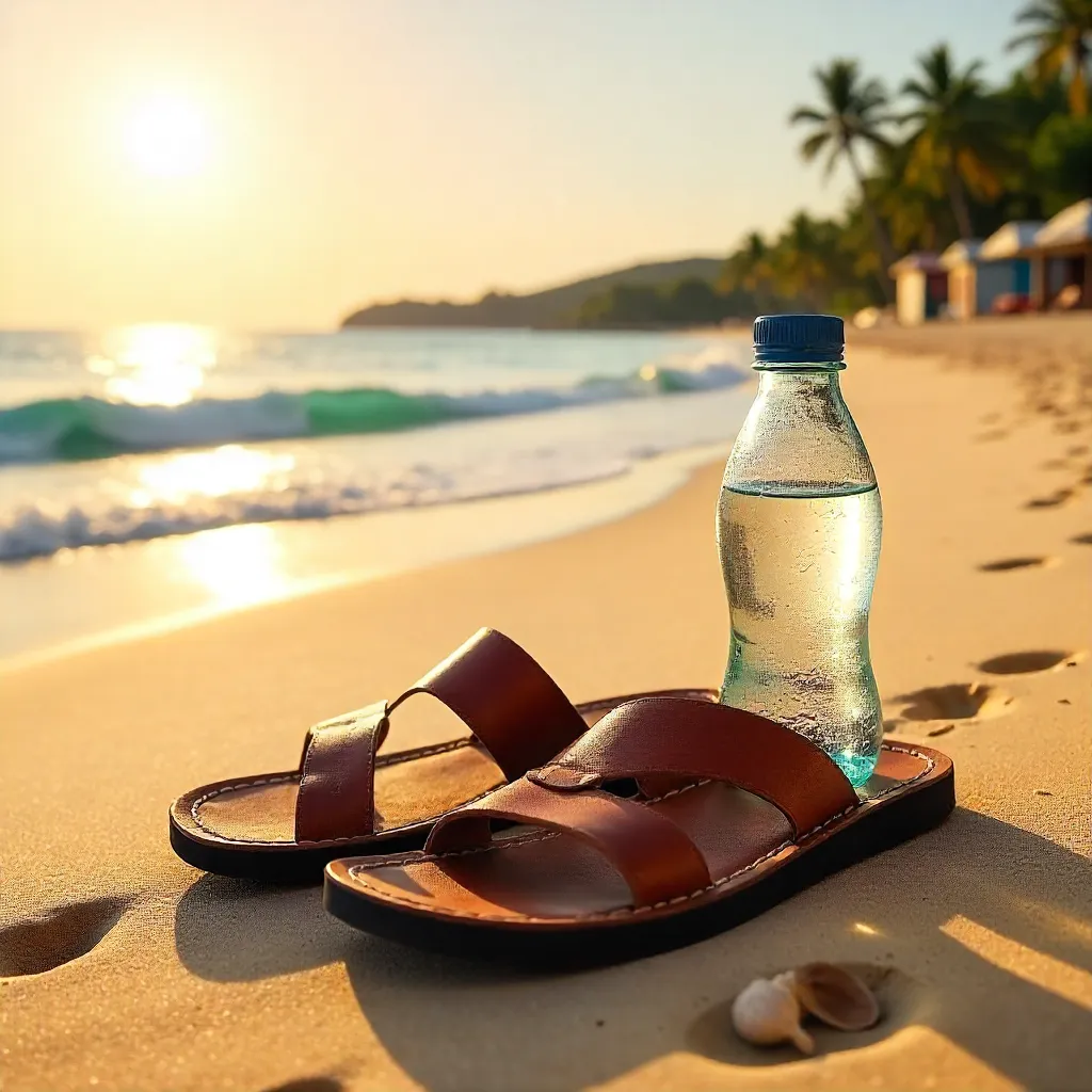 Sandy Beach Pair: Sandals and Water Bottle in Porto Seguro