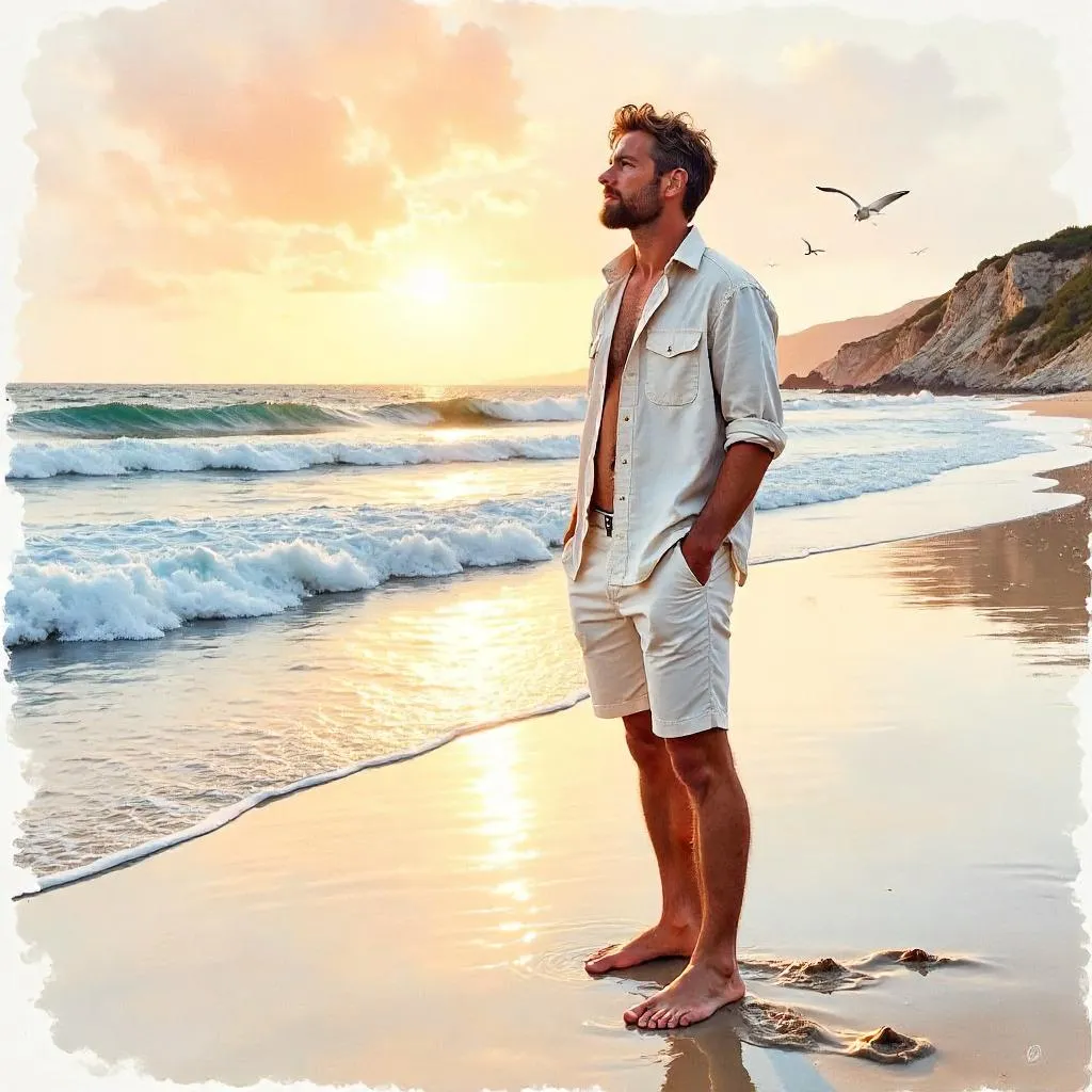Confident White Man on a Beach in Watercolor