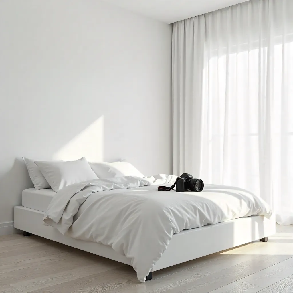 Bright Minimalist Bedroom with White Curtains and Camera on the Bed